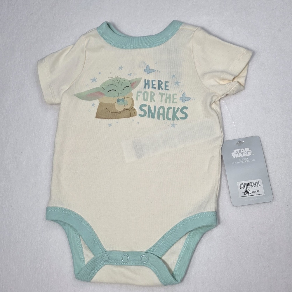 Disney Star Wars Baby Yoda Bodysuit‎ 0-3M Grogu Here For Snacks Mandalorian New